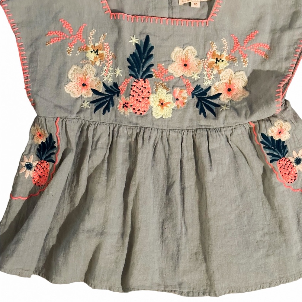 Louise Misha French Brand Embroidered Kids Blouse - Blue Gray with Floral Design